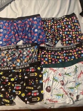 Pac-Man Print Men's Boxer Briefs - Multi Blue/Black Set of 6